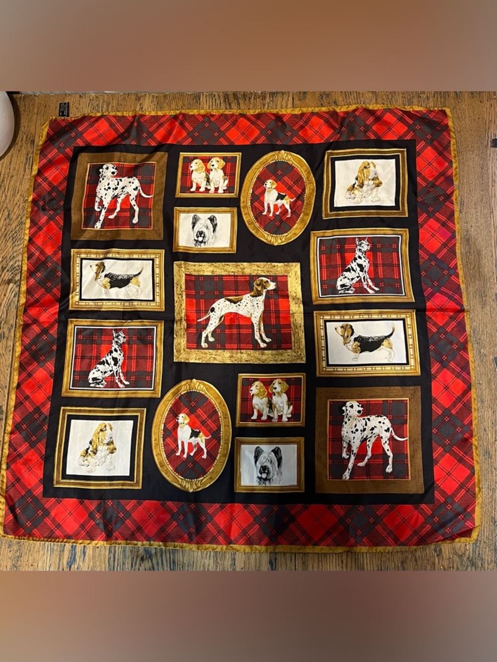 Vintage Italian Silk Dog Print Scarf Red Tartan Made in Italy